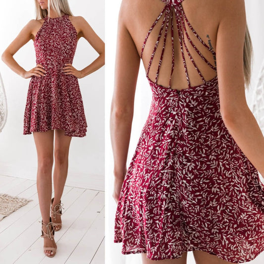 Backless Print Dress with a Sexy Halter Design