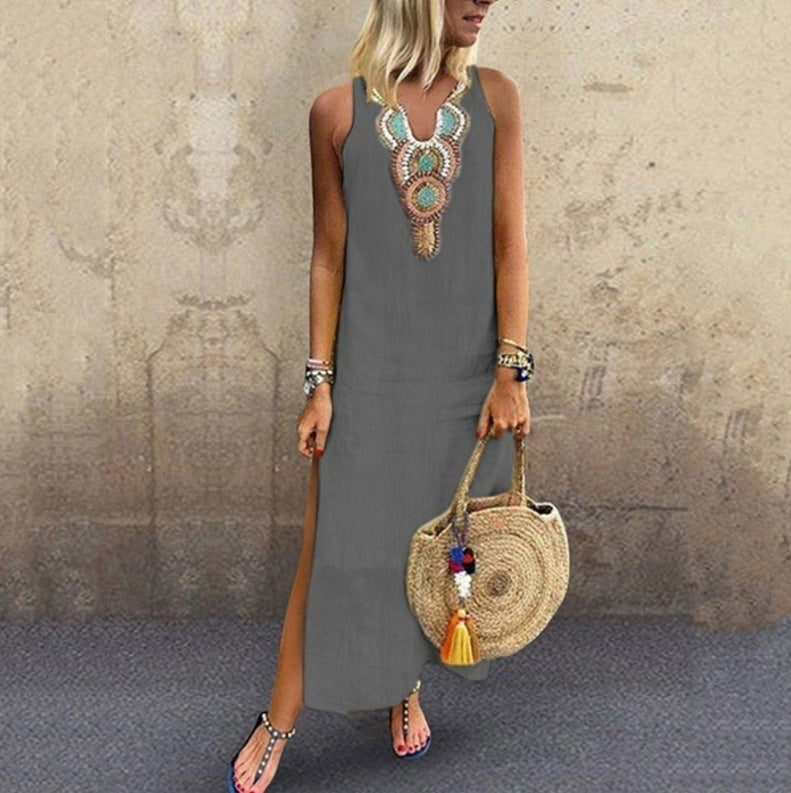 Cotton and Linen Split Dress with a V-Neck