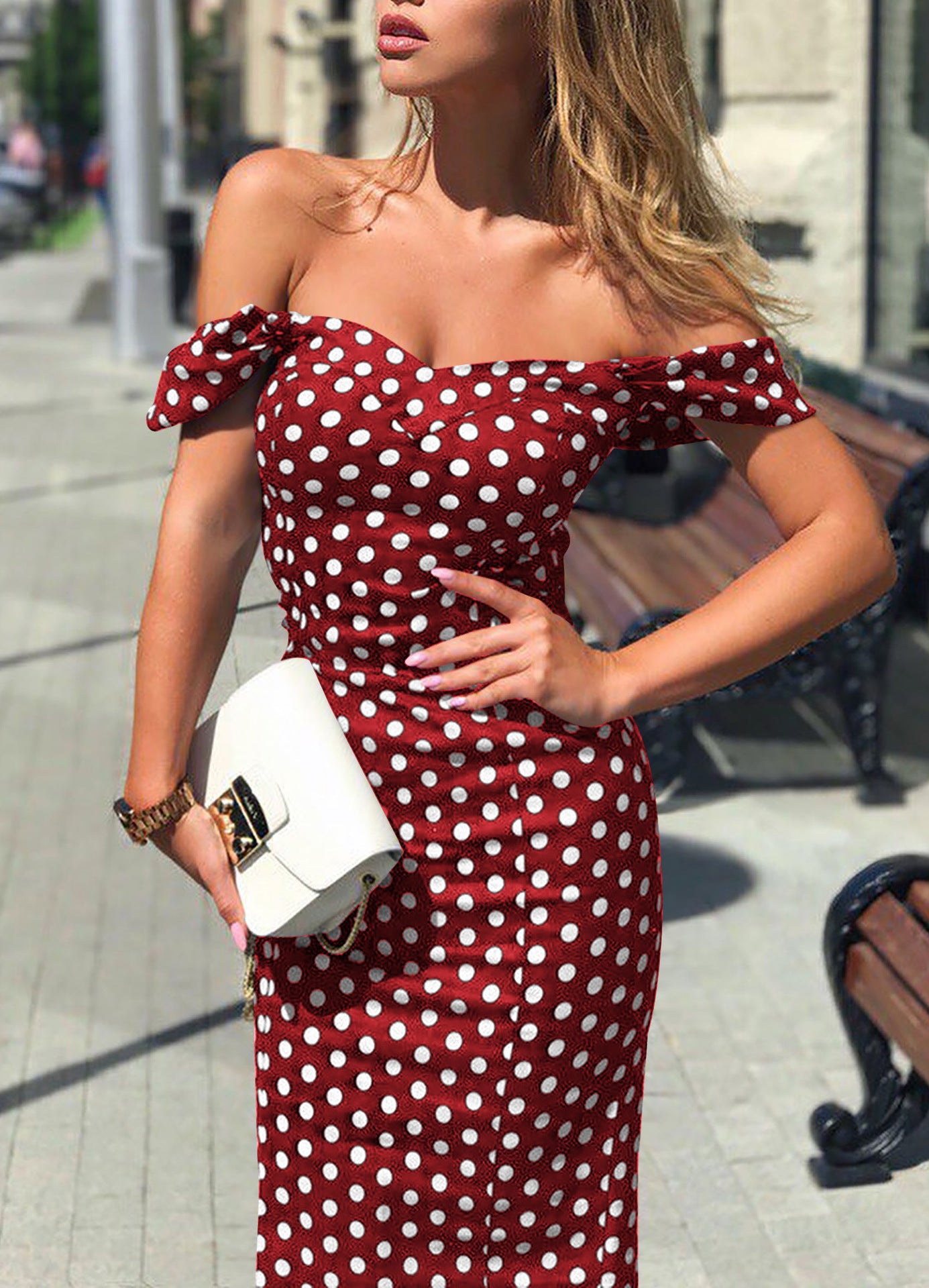 One-Shoulder Split Dress with Polka Dot Tube Top