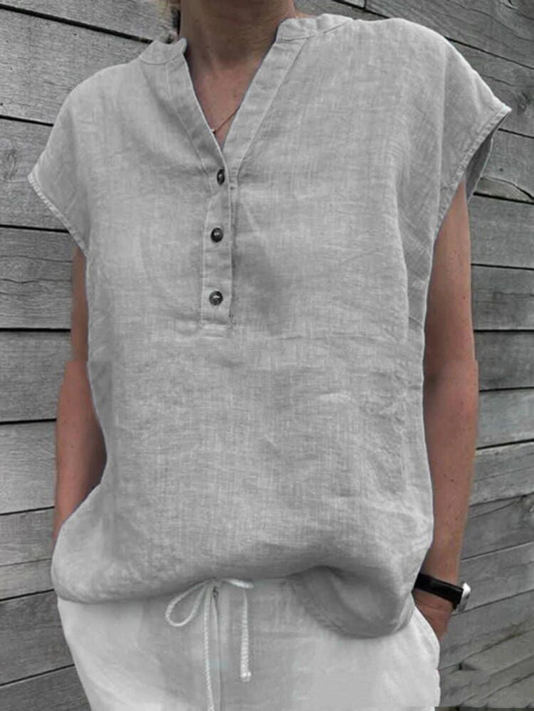 Vintage V-Neck Cotton Linen Shirt for Ladies - Casual Patchwork Design