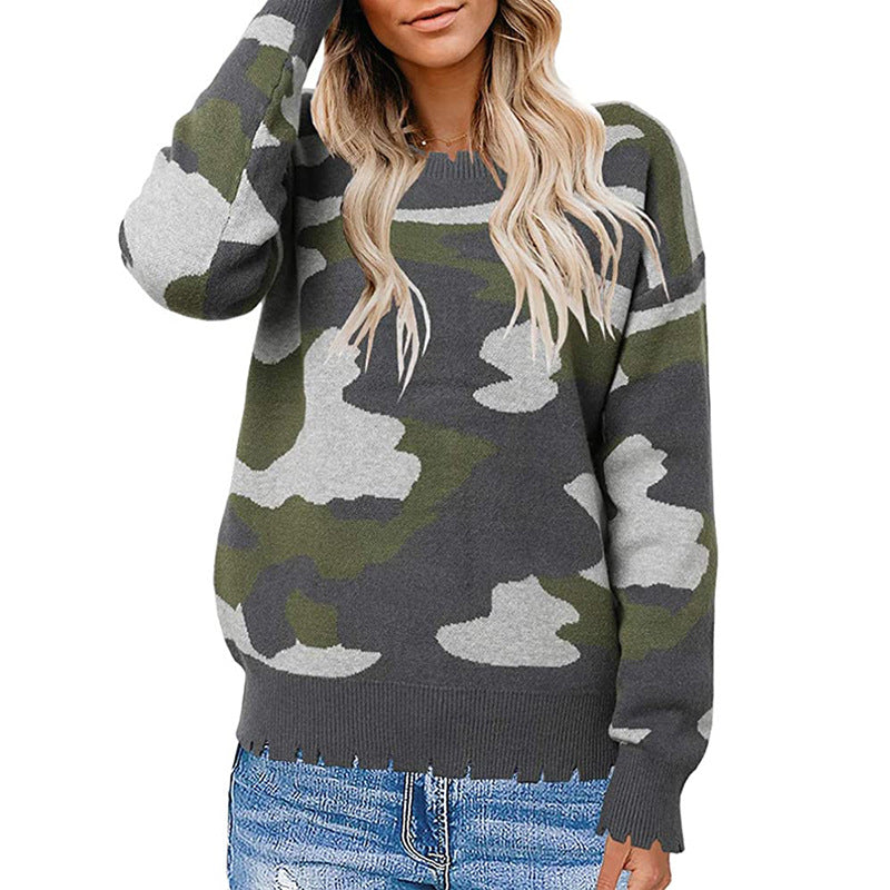Women's Fashion Camouflage Sweater with Simple Cut and Tear Design