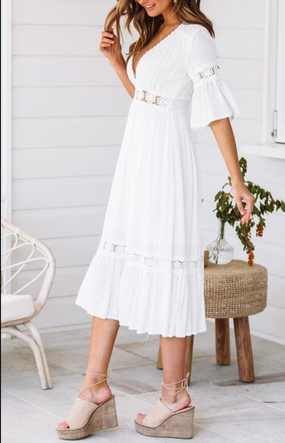 Deep V lace flare sleeve flowing dress