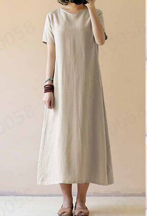 Cotton and Linen Short Sleeve Dress with Garden Collar for Women