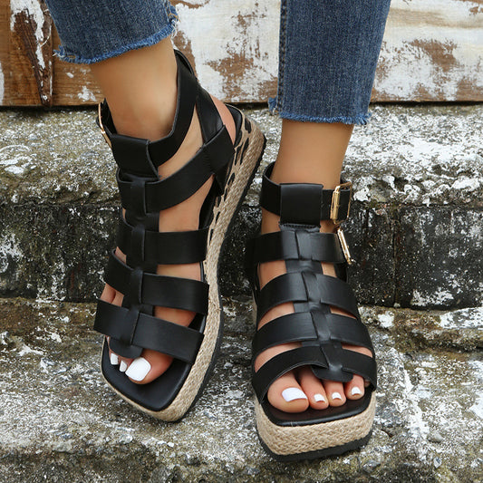 Trendy Women's Platform Wedge Sandals with Woven Hemp Rope Detail