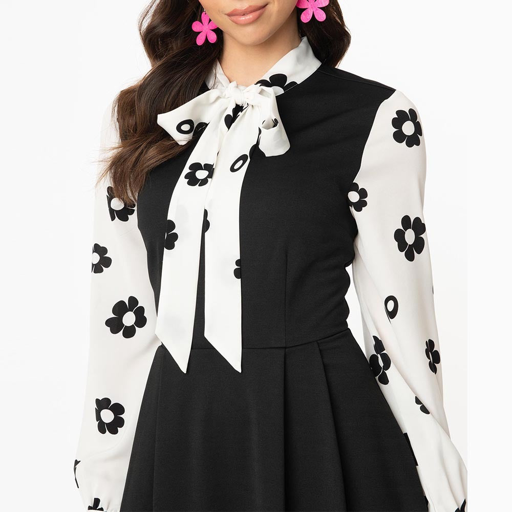 Women's Printed Black And White Mosaic Neckline Tie Casual Dress