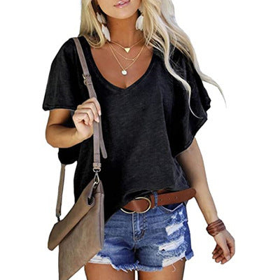 Solid Color Loose V-neck Short-sleeved T-shirt