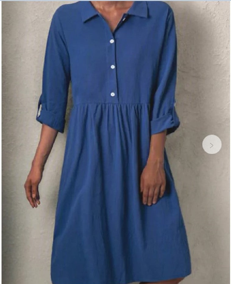 Solid Color Basic Long-sleeved Shirt Collar Buttoned Dress