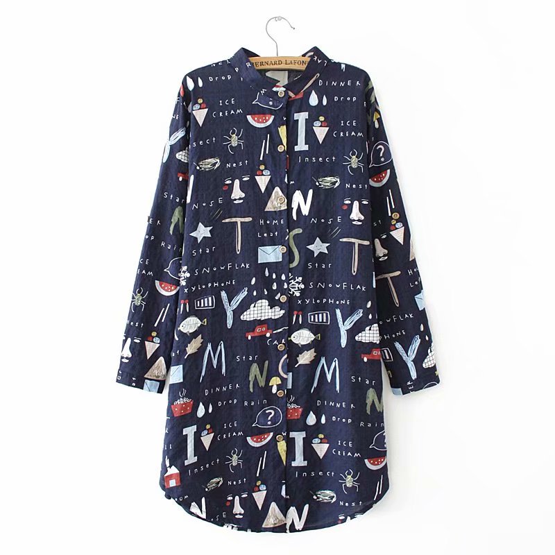 Loose Large Size Mid-Length Long-Sleeved Shirt for Women with Cartoon Print