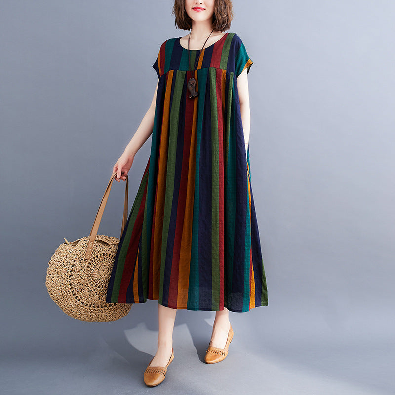 Literature And Art Large Loose Stripe Cotton Linen Round Neck Short Sleeve Dress