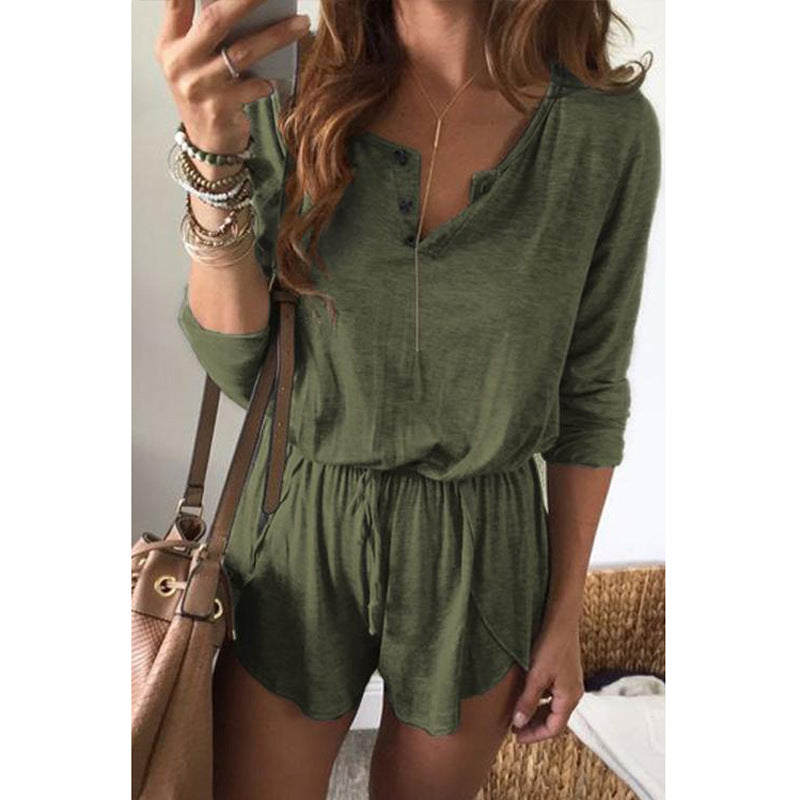 Short Sleeve Jumpsuit with Button and Lace Details, Solid Color