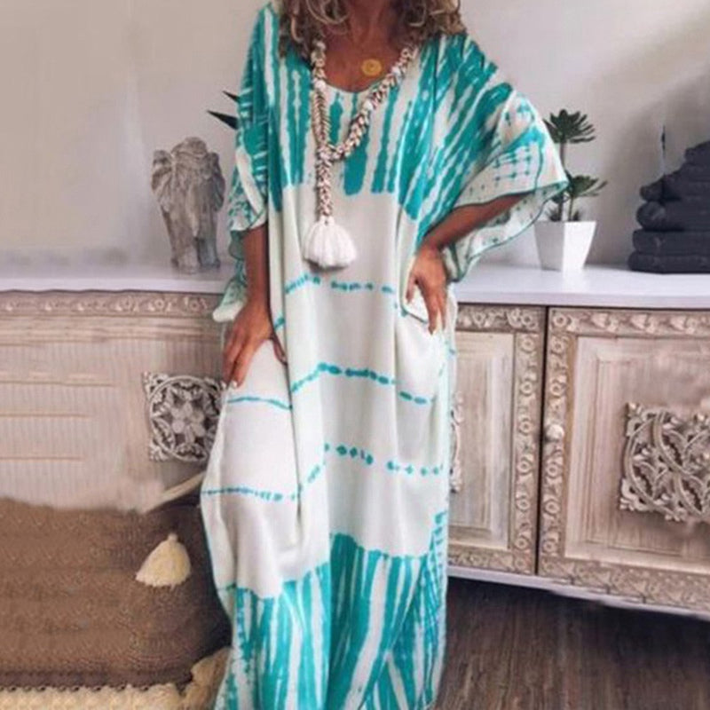 Loose round neck print long skirt dress