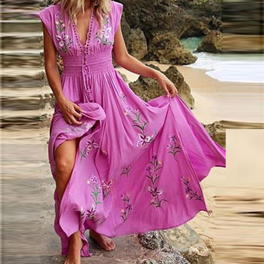 New V-neck Fringed Bohemian Print Long Skirt Summer Sleeveless Loose Casual Beach Dress