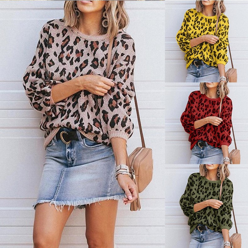 Leopard Jacquard Sweater featuring Lantern Sleeves for Women