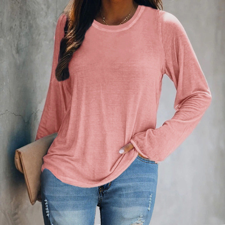 Round Neck Long-Sleeved T-Shirt with Casual Solid Color Hem