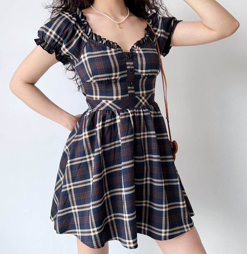 Vintage V Neck Bubble Sleeve Plaid Dress