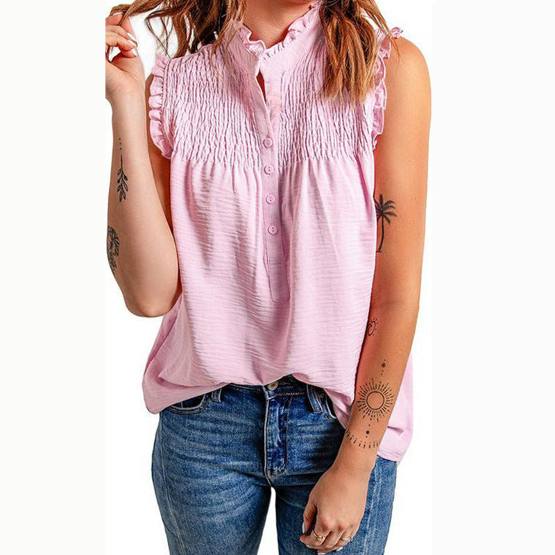 Women's Fashion Smocked V-Neck Sleeveless Shirt Top