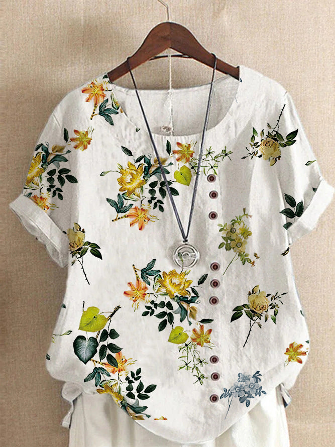 Retro Fashion Short Sleeve T-Shirt for Women with Loose Fit and Printed Design