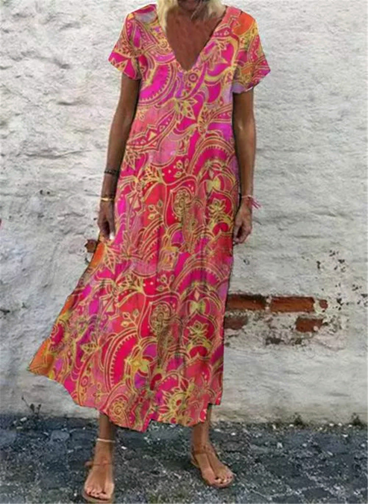 Floral V-Neck Long Dress with Short Sleeves for Ladies.