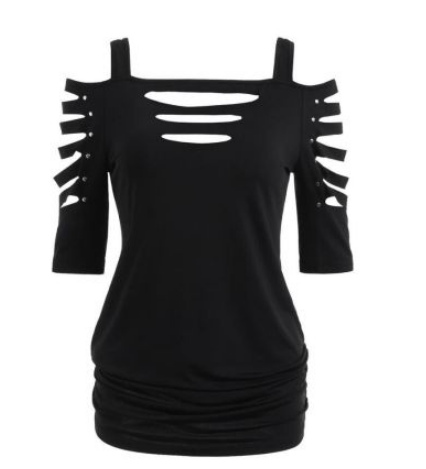 Women's Fashion Shoulder Cut-off Sleeve T-shirt Hollowed Leisure Top