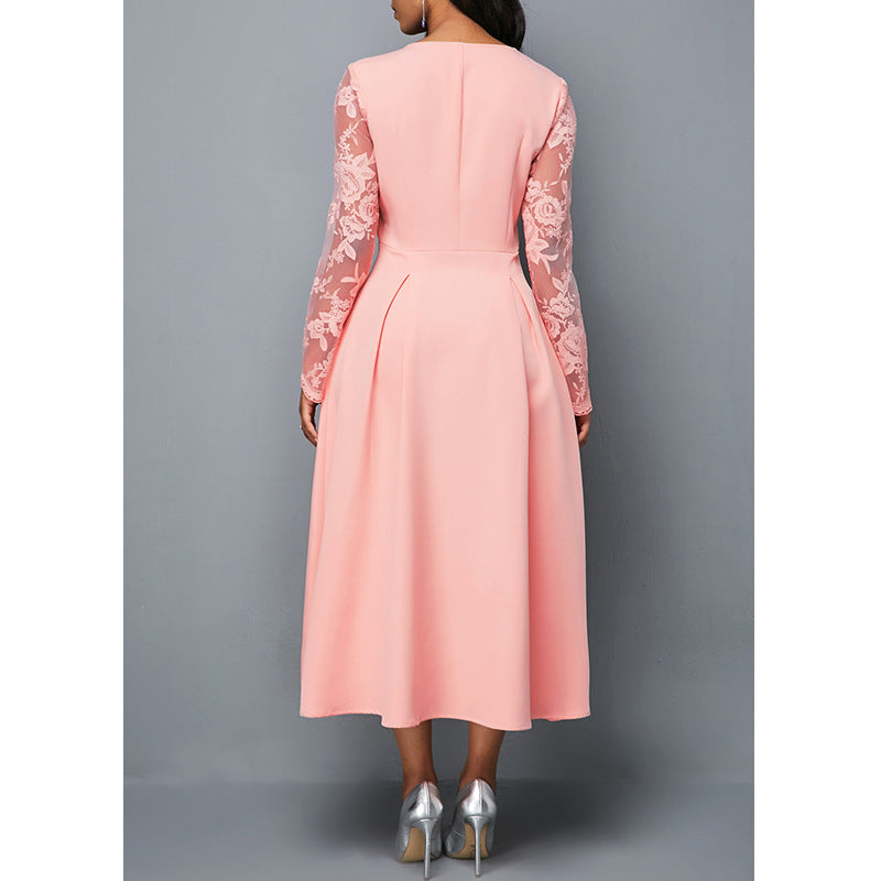 Fashionable Round Neck Lace Women's Dress High Waist Long Sleeves Printed Mid-length Dress