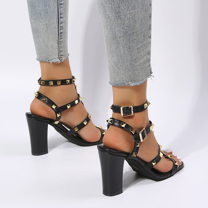 Gladiator High Heels: Women's Rivet Sandals with Buckle Strap and Square Toe
