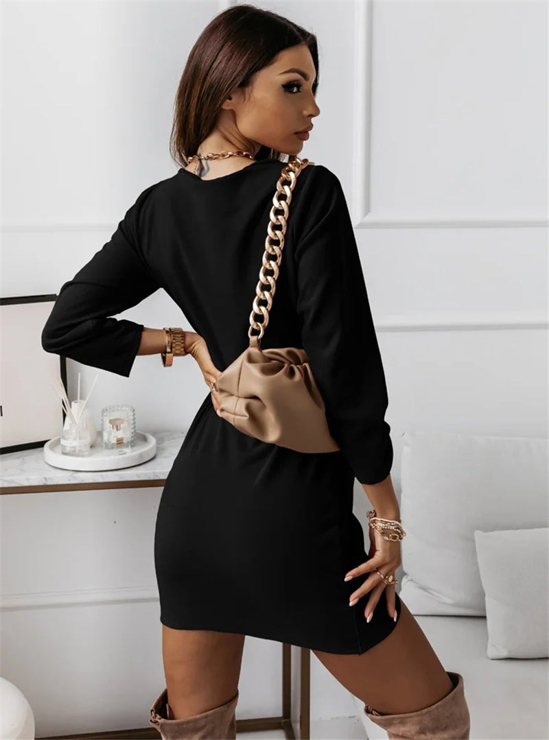 Long-Sleeved V-Neck Dress with Casual Solid Color, Exuding Temperament