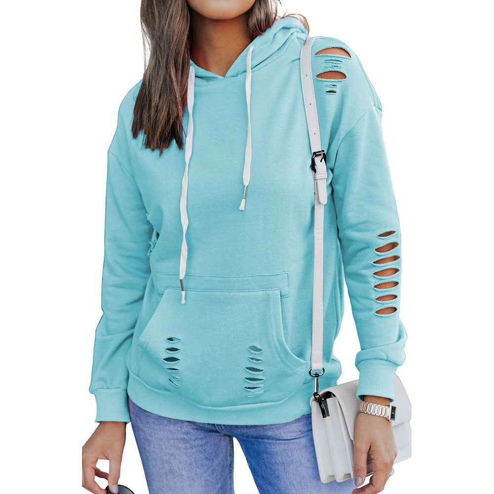 New Women's Long-Sleeved Drawstring Hoodie Sweater in Solid Color