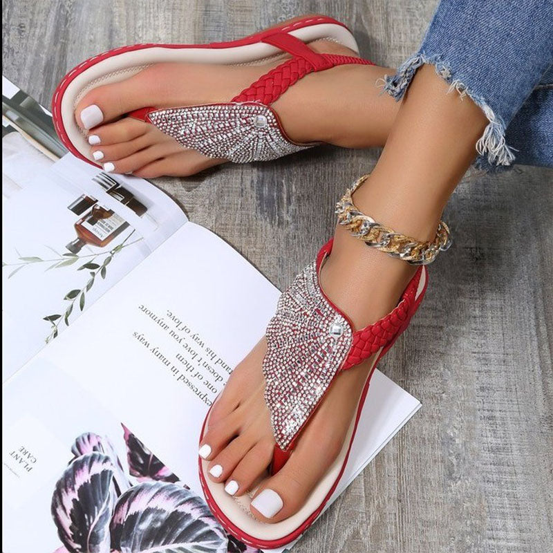 Women's Glass Rhinestone Braided Flip Flop Flats