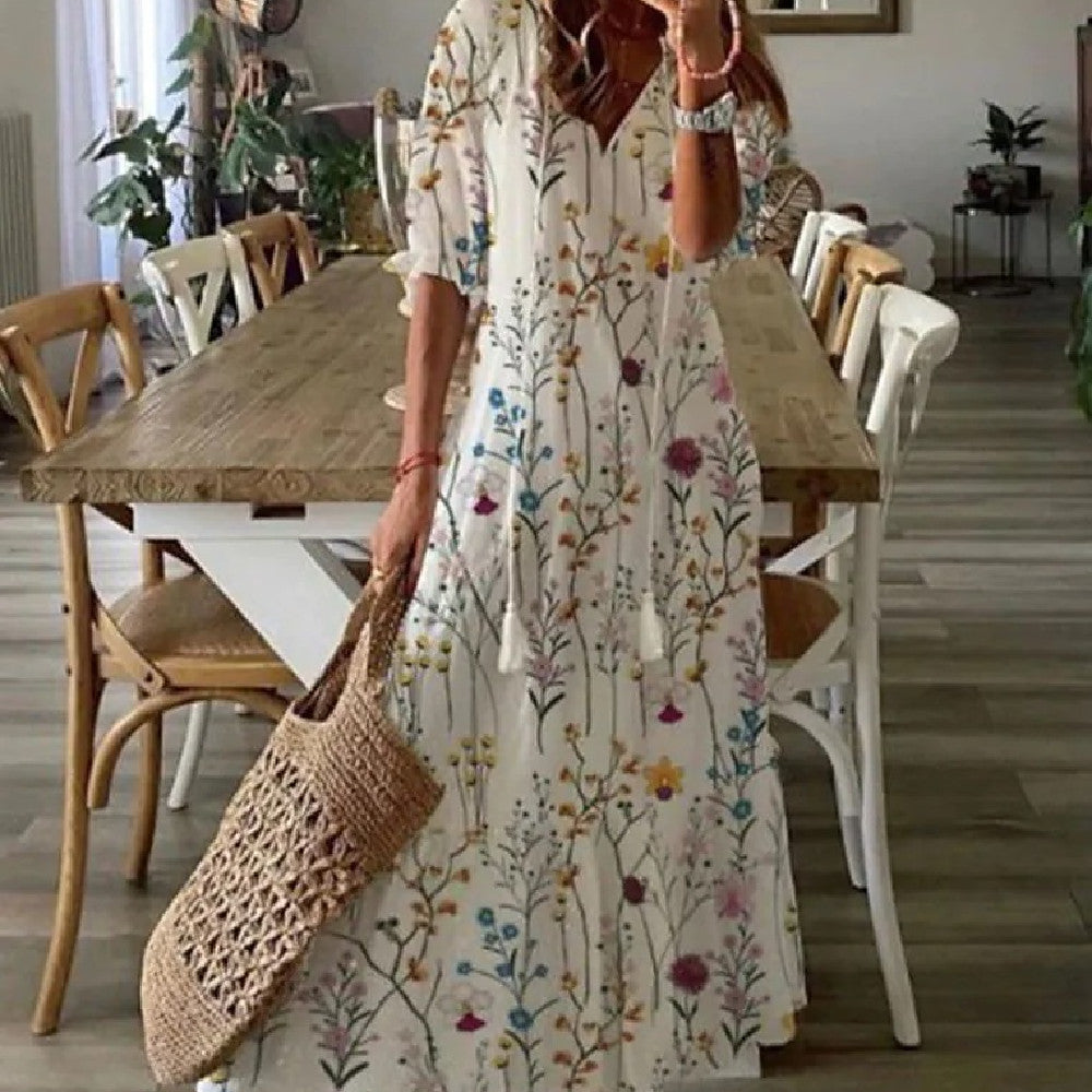 Women's Long Dress with Medium-Length Sleeves and Printed Design