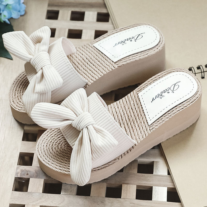 Summer New Bow Straw Woven Linen Bottom Women's Sandals Leisure Sandals High Heel Beach Fashion Wedge Slippers