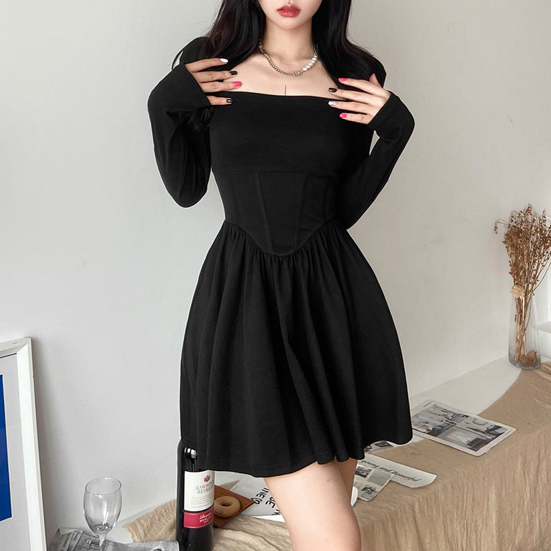 Solid Color Slim High Waist Street Fashion Square Neck Long Sleeve Dress