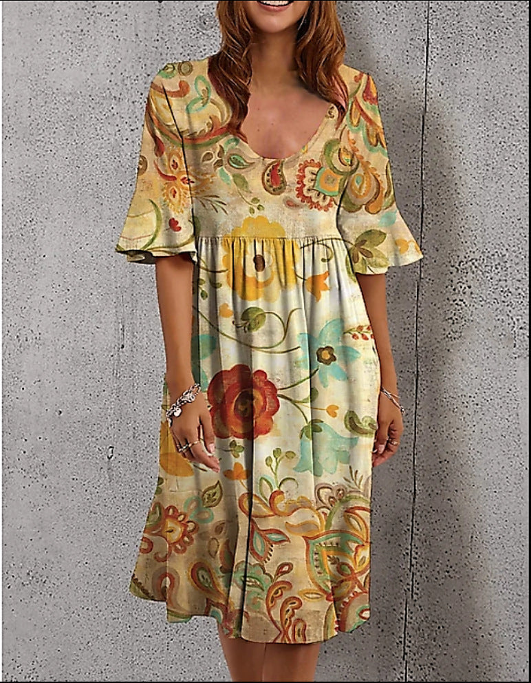 Multicolor Print Mid-Sleeve Dress for Women