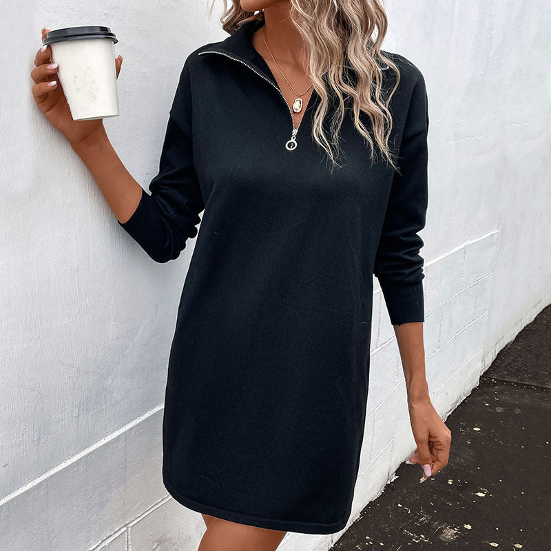 Solid Color Lapel Zipper Bottoming Sweater Dress for Women: A Stylish and Comfortable Choice