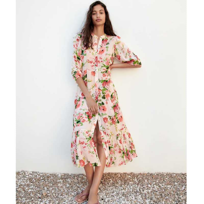 Single-Breasted Dress with Long Sleeves and Floral Print for Women