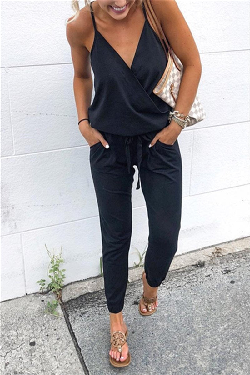 Fashion Casual Lace Up Pocket Backless Sling Women's Jumpsuit