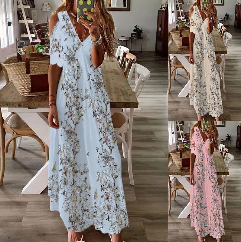 Women's Lace Short Sleeve Printed Long Dress