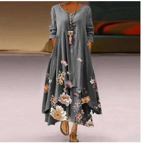 Printed Long-Sleeved Dress for Women with Irregular Hem Long Skirt