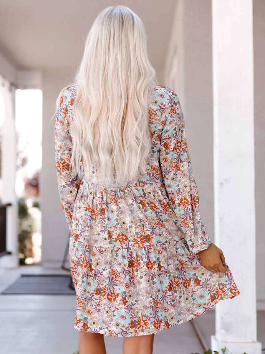 Women's Floral Long Sleeve Dress V Neck