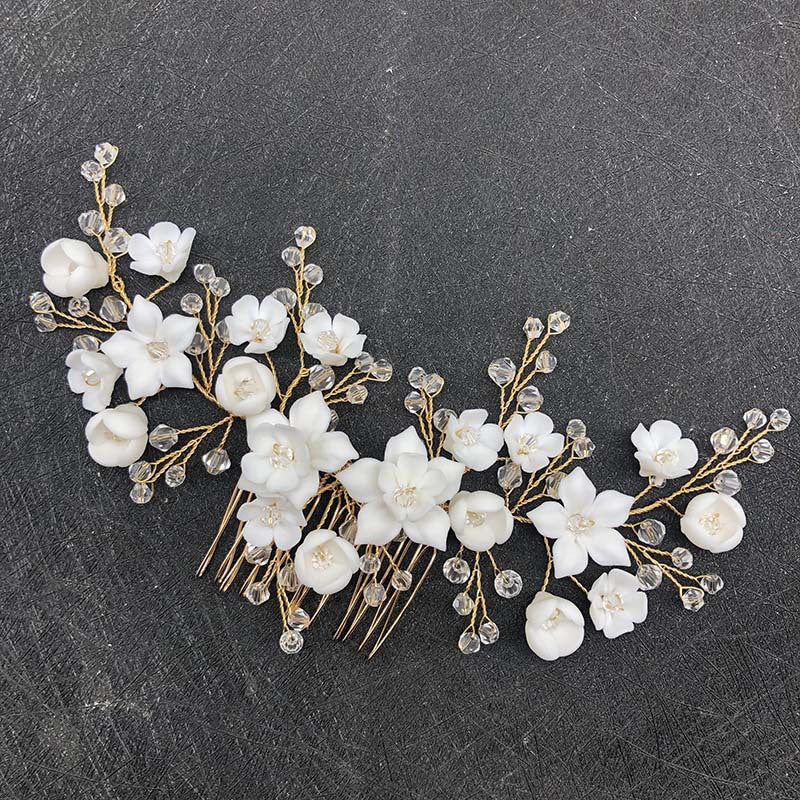 Crystal Ceramic Flower Bridal Crown Hair Comb