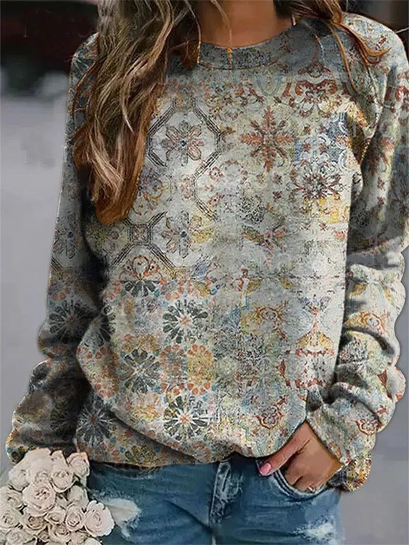 Floral Loose Print Long-sleeved Round Neck Sweater