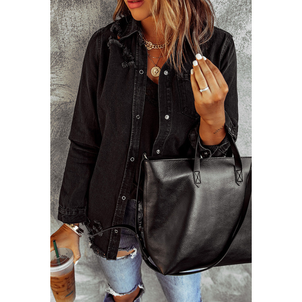 Black Ripped Denim Long Sleeve Coat Jacket for Women