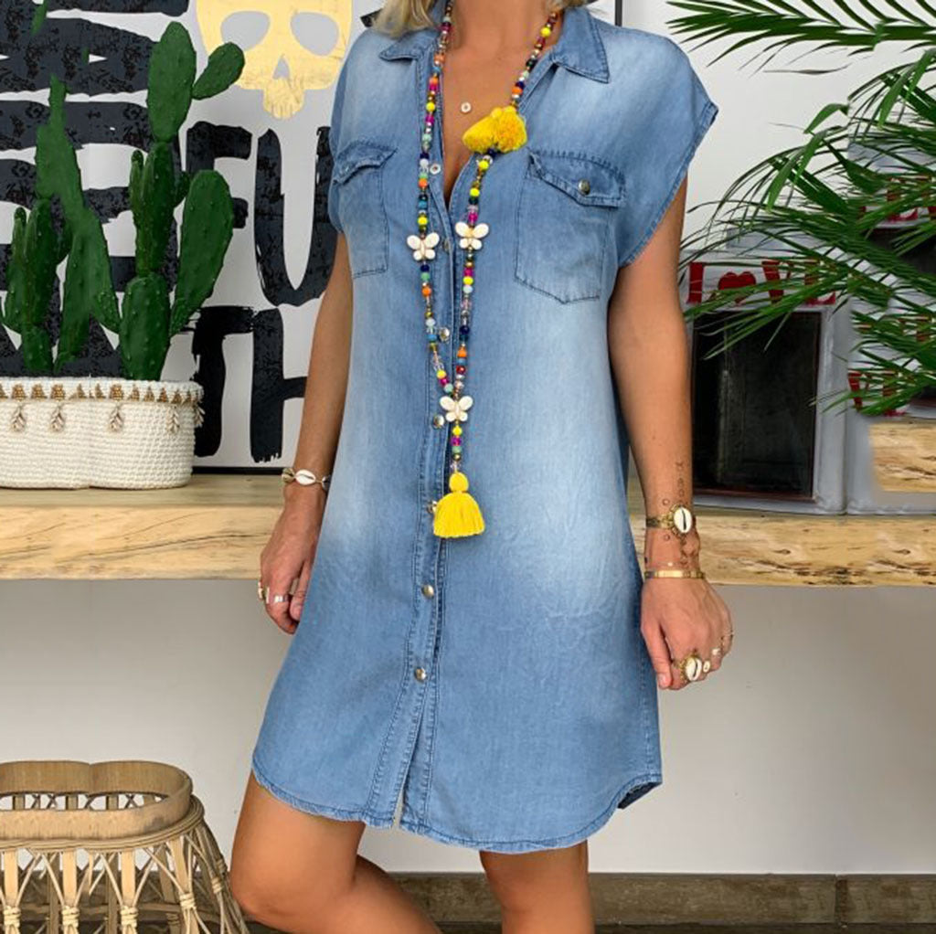 V-neck pullover short sleeve denim dress