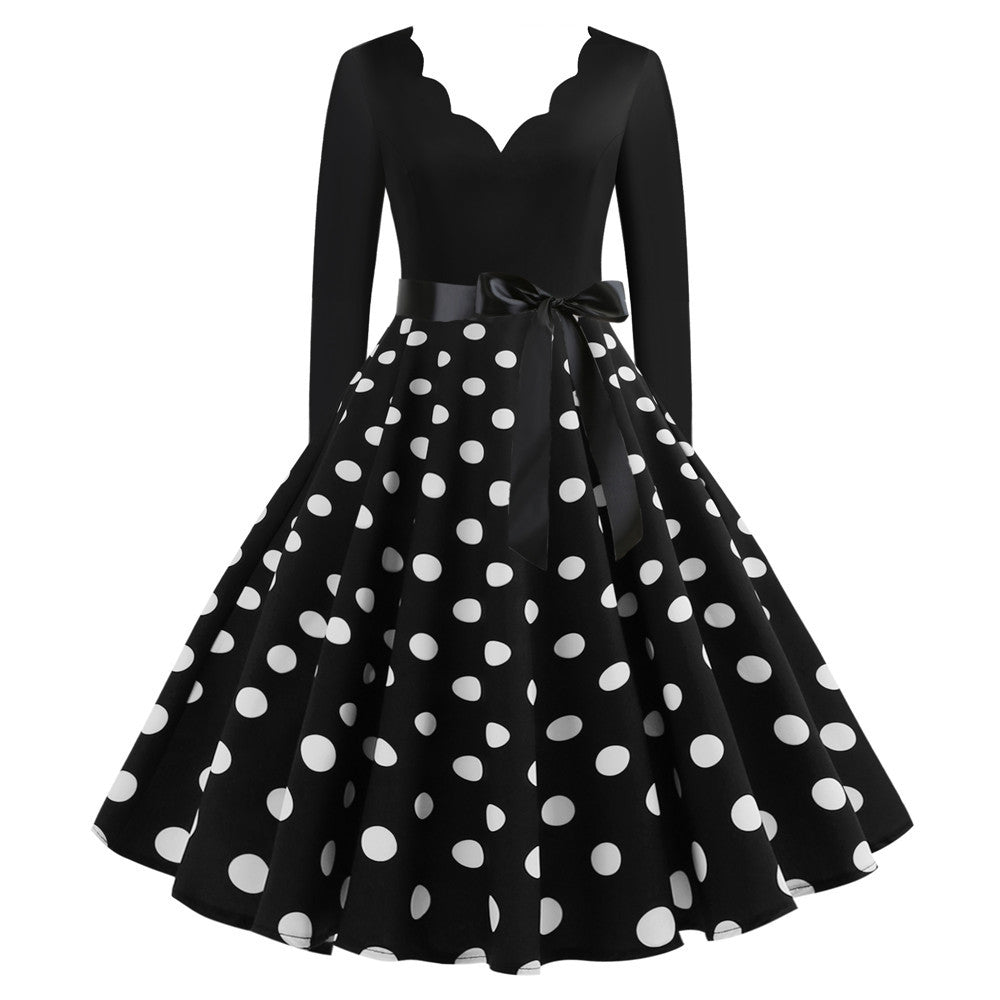 Women's Fashion Casual V-neck Polka Dot Long Sleeve Printed Dress