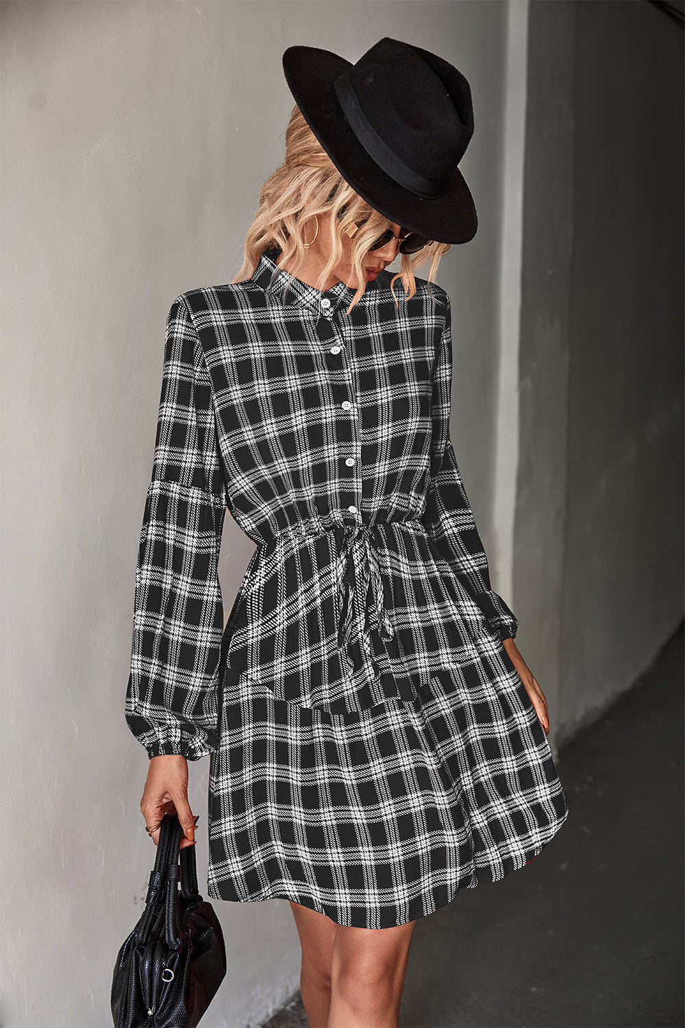 Plaid Band Collar Drawstring Shirt Dress