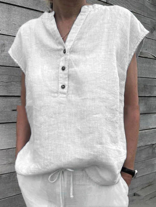 Vintage V-Neck Cotton Linen Shirt for Ladies - Casual Patchwork Design