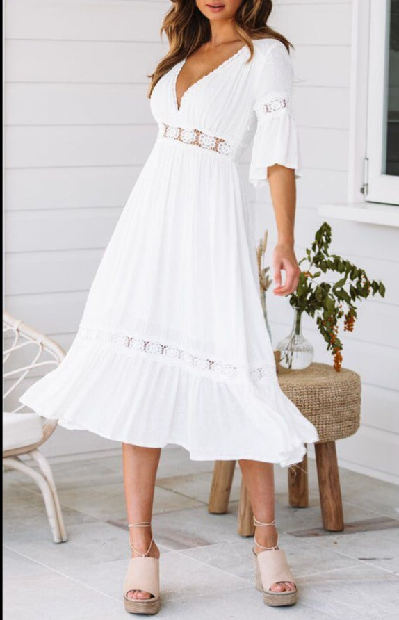 Deep V lace flare sleeve flowing dress