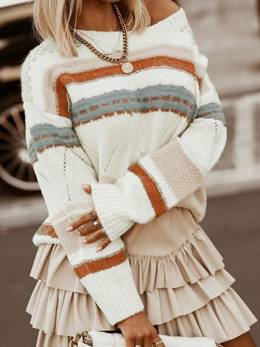 Knitted Jacquard Texture Top: Winter Striped Colored Pullover Sweater for Women