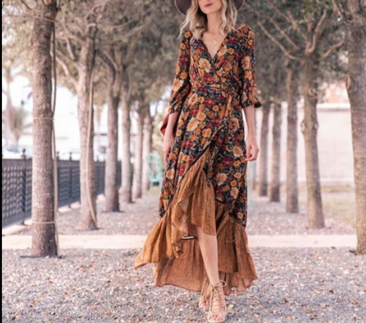 Printed Long Sleeve Retro Dress with Long Skirt