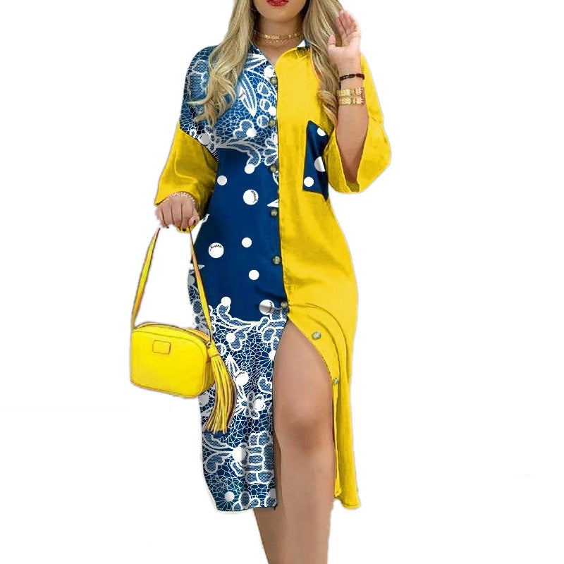 Stretch Wrap Hip Collar Dress with Printed Design, Button Details, and Contrast Pocket