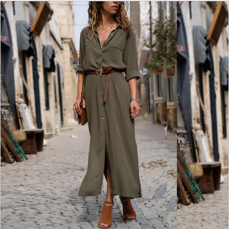 Solid Color Dress Long Sleeve Original Belt